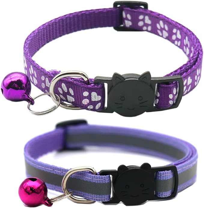 2 Pack Cat Collars Quick Release Reflective Kitten Collar with Bell & Safety Release (Purple)