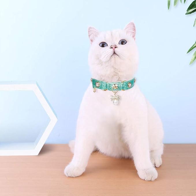 PetsHome Cat Collar, Dog Collar, [Bling Rhinestones] PU Leather Adjustable Pet Collar with Luxury Pendant for Cat and Small Dog Extra Small Mint Green