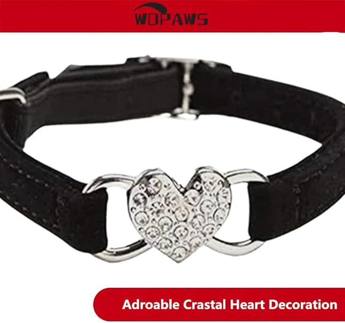 Heart Bling Cat Collar with Safety Belt and Bell Adjustable 8-10 inches for Kitten Cats (Black)