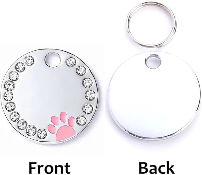 Personalized Dog/Cat Cute Paw Pet ID Tag for Pet Collar or Key Chain - Custom Laser Engraved Unique Dog/cat Name tag with Phone Number (Pink, Crystals Round-Small)