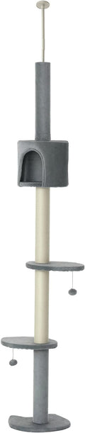PawHut 85.5" Cat Tree Height Adjustable Floor-to-Ceiling 4-Tier Kitty Climbing Activity Center Condo Cat Toy with Scratching Post Hanging Balls Play Rest Post Pet Furniture Grey