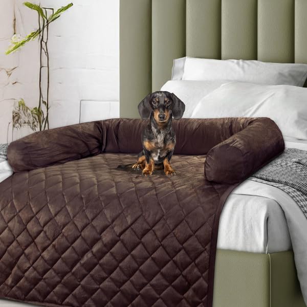 Couch Cover for Dogs - 30x30.5 Pet Furniture Protector with Memory Foam Bolster, Quilted Fabric, and Water-Resistant Base Layer by PETMAKER (Brown)