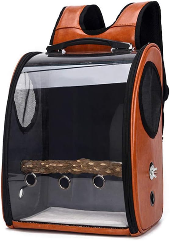 Bird Carrier Clear Parrot Outing Backpack APET Transparent Acrylic Bird Travel Carrier Parrot Travel Cage Panoramic Pet Backpack for Puppy Kitten 33x38x17cm (Brown)