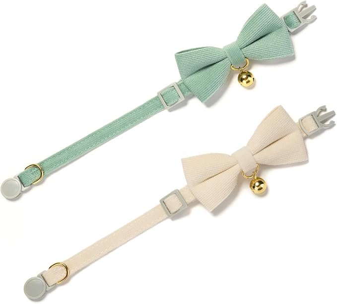 2 Pack Soft Corduroy Cat Collars with Bow Tie & Bell Adjustable Breakaway Bowtie Kitten Collar for Girl Boy Kittens(White & Grass Green)