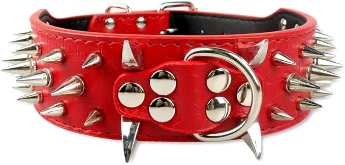 Serijoars Spiked Studded Dog Collar, PU Leather Dog Collar, Adjustable Pet Collars for Medium or Large Breed Pet (L, Red5)