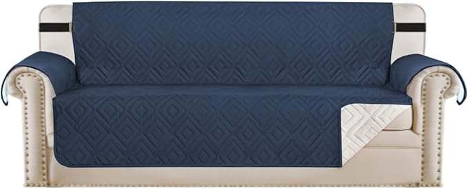 H.VERSAILTEX Reversible Sofa Slipcover Furniture Protector Water Resistant 2 Inch Wide Elastic Straps Sofa Cover Couch Covers Pets Kids Fit Sitting Width Up to 66" (Sofa: 75" x 110", Navy/Beige)