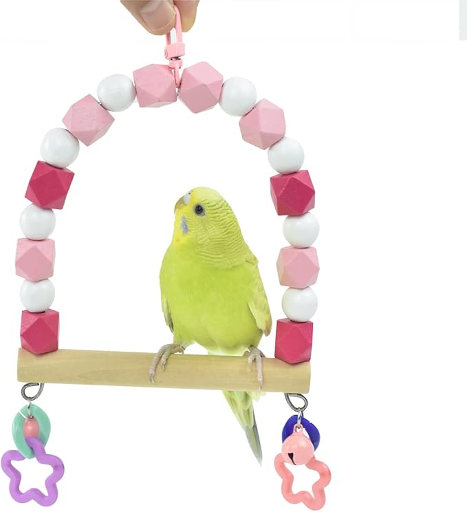 Bird Swing Perch, Birdcage Swing for Small Birds, Parrot Wood Stand Colorful Bead Swing with Bell, Hanging Bird Cage Toy, Parakeet Stand Climbing Toy for Lovebirds Conures Cockatiels Budgies