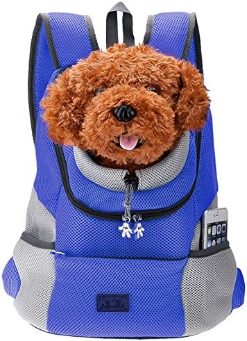 Mogoko Airline Approved Cat Dog Backpack, Puupy Pet Carrier Front Bag with Breathable Head Out Design and Double Mesh Padded Shoulder for Outdoor Travel Hiking (M, Blue)