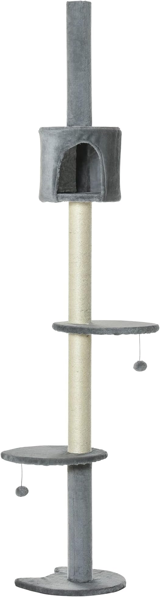 PawHut 85.5" Cat Tree Height Adjustable Floor-to-Ceiling 4-Tier Kitty Climbing Activity Center Condo Cat Toy with Scratching Post Hanging Balls Play Rest Post Pet Furniture Grey