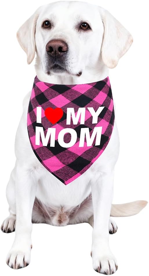 GreenJoy Cute Plaid Dog Bandana – Washable Pet Triangle Scarf for Small, Medium, Large Dogs and Cats, Adjustable Pet Accessory for Birthday, Wedding and Christmas (Pink (Mom), Large)