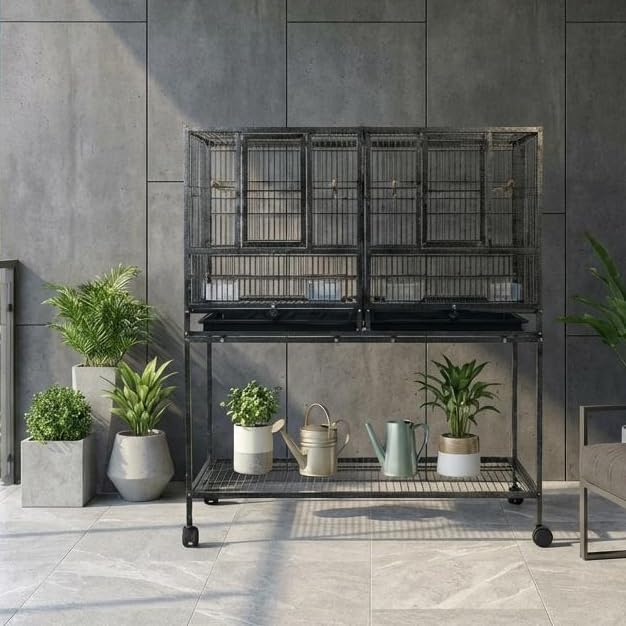 IDEALHOUSE 41" Divided Breeding Flight Bird Cage with Detachable Rolling Stand, Breeder Cage with Perches, Food Boxes, Slide-Out Tray and Storage Shelf, Birdcage for Parakeet Finch Cockatiel Lovebird