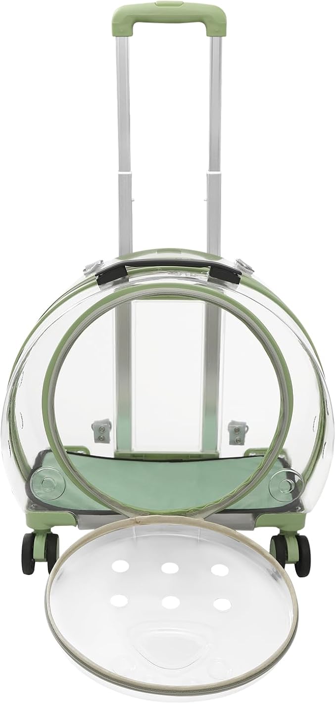 Transparent & Fully Breathable Hard Cat Carrier with Rolling Wheels, Multiple Carrying Carrier for Cats, Dogs, Or Bunnies for Traveling, Taking a Walk, Applicable Weighing up to 19.84lbs (Green,Clear)