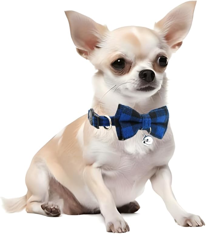 Blue Plaid Bow Dog Collar with Bell, Breakaway Cat Bell Collar with Bowtie Christmas Puppy Collars Boy for XXS Xs Small Tiny Little Pet Dogs Male Kitten, for Hoilday Birthday Party