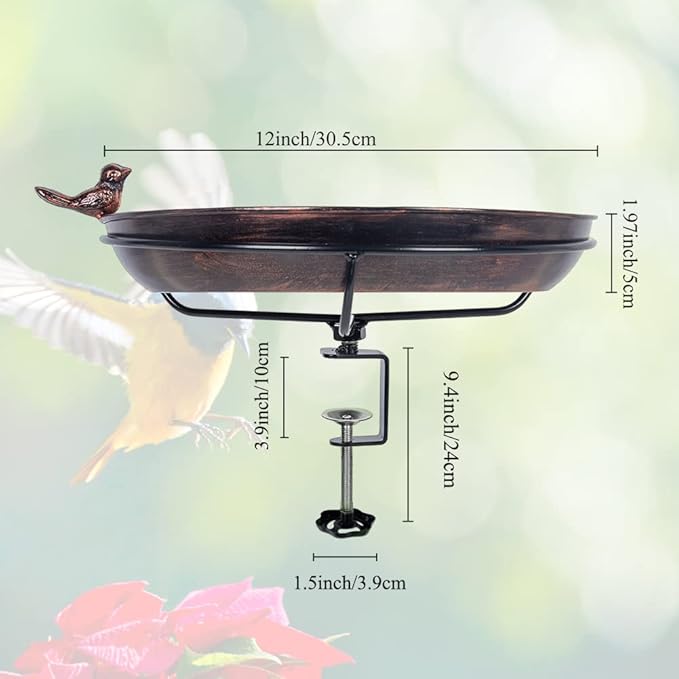 DREAMSOUL Deck Mounted Bird Bath with Adjustable Sturdy Metal Clamp, Bowl Bird Baths for Outdoors Garden Balcony Patio Deck Railing Decoration, Lightweight & Detachable