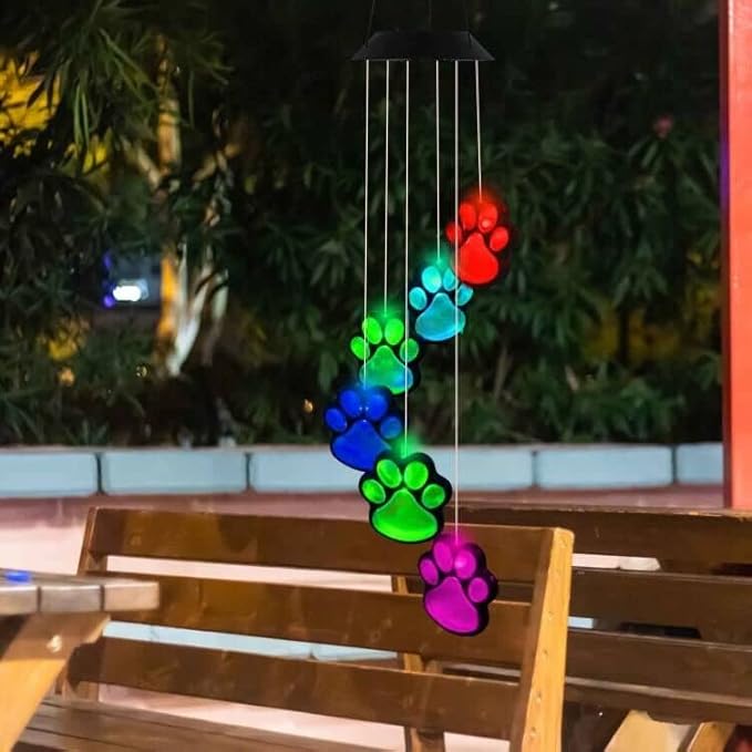 Paw Print Solar Wind Chimes, Color Changing Outdoor Paw Print Solar Lights, Dog Cat Paw Prints Wind Chimes Hanging Patio Lights for Garden Decor,Best Gifts for Dog & Cat Pets Lovers