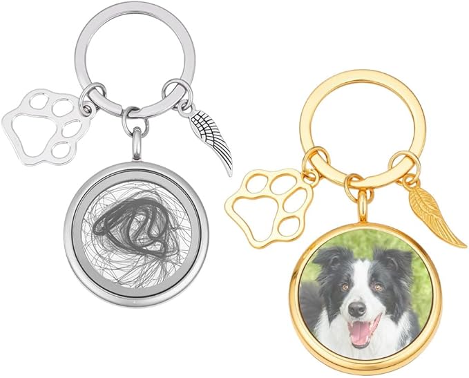 NBEADS 2 Pcs 2 Colors Pet Personalized Picture Keychain, 2.36inch Pet Memorial Photo Pet Portrait Locket Keychain with Alloy Rings for Dog Cat Sympathy Gift