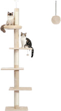 PETEPELA Floor to Ceiling Cat Tree, Cat Tower 5-Tier Height(95-107 Inches) Adjustable, Tall Cat Climbing Tree Featuring with Scratching Post, Cozy Bed,Interactive Ball Toy for Indoor Cats/Kitten Beige