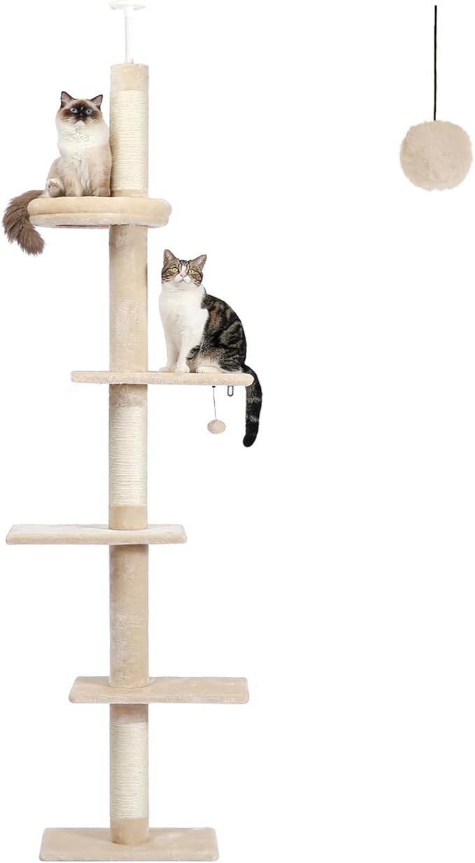 PETEPELA Floor to Ceiling Cat Tree, Cat Tower 5-Tier Height(95-107 Inches) Adjustable, Tall Cat Climbing Tree Featuring with Scratching Post, Cozy Bed,Interactive Ball Toy for Indoor Cats/Kitten Beige