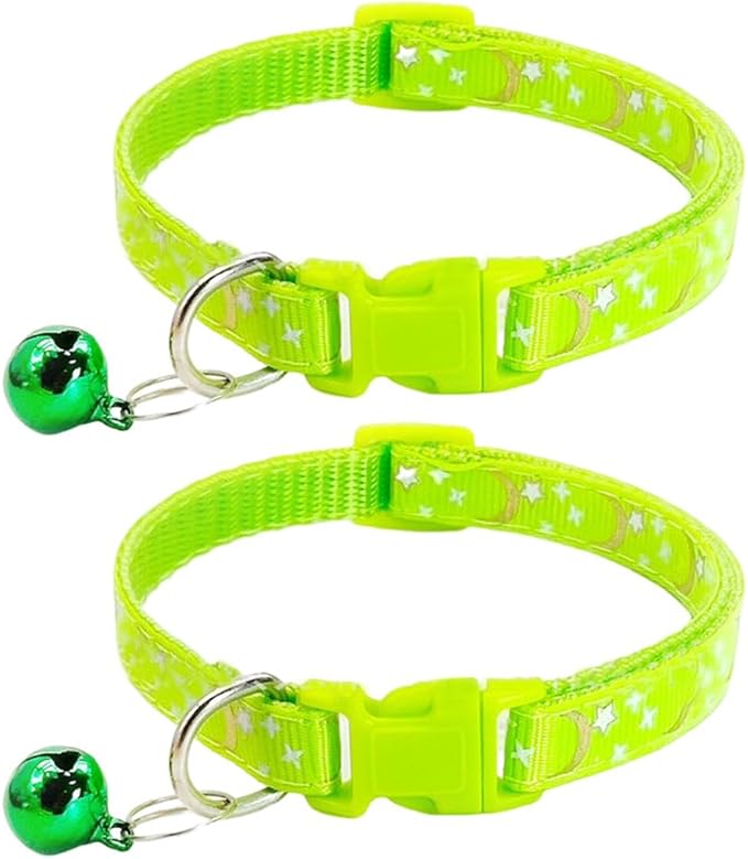 Reflective Cat Collars Breakaway with Bell Moons Stars 2 Pack Girl Boy Pet Kitten Collar Adjustable 7.5-12.5 Inch (Green)