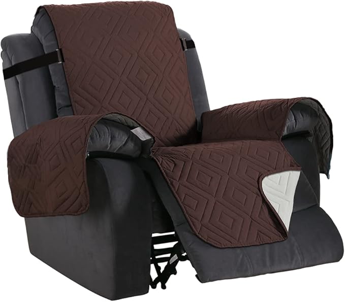 H.VERSAILTEX Reversible Quilted Recliner Covers Water Resistant Furniture Protector for Reclienr Chair with Elastic Straps for Pets Kids Sitting Width Up to 28"(Oversized Recliner, Brown/Beige)