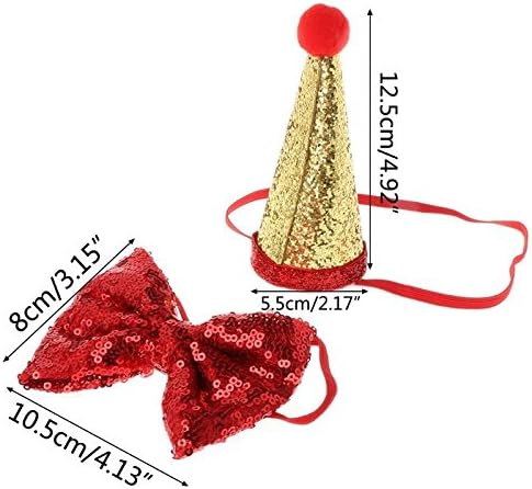 Stock Show Pet Cute Birthday Party Cone Hat and Bow tie Collar Set with Adjustable Headband and Pom-poms Topper for Small Medium Dogs Cats Pets (Red)