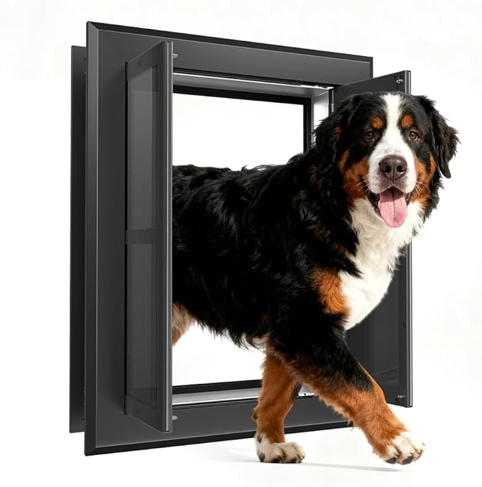 【PATAPLUS】 Aluminum French Large Dog Door,Strong Double Magnetic Flaps,with Aluminum Telescoping Tunnel Heavy-Duty Do g Door for X-Large and L arge Dog Up to 200LBS (Black, X-Large)