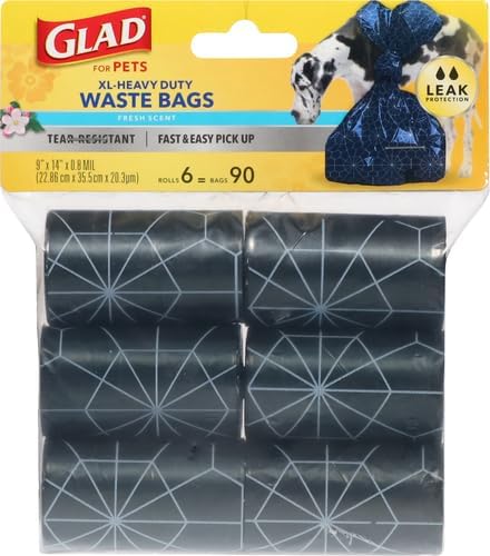 Glad for Pets Extra Large Scented Dog Poop Bags, Heavy Duty Tear-Resistant Pet Waste Pickup Bags with Fresh Scent, Easy-Tie Handles for Walking, Camping, Travel, 90 Count