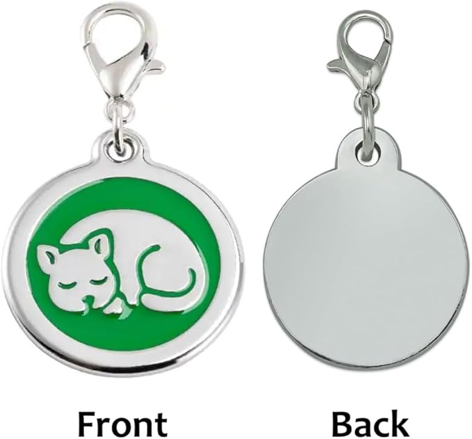 Personalized Pet ID Tags for Kittens and Cats - Custom cat Name tag and ID tag for Collar (Green, Sleeping Cat Round-Small)