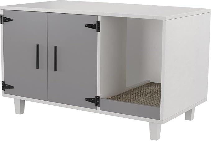 GDLF Modern Wood Pet Crate Cat Washroom Hidden Litter Box Enclosure Furniture House as Table Nightstand with Scratch Pad,Stackable (Gray & White)