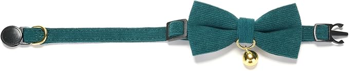 Soft Corduroy Cat Collar with Bell and Bowtie, Safety Breakaway Clasp, Adjustable for Kitten and Cats Green Color.