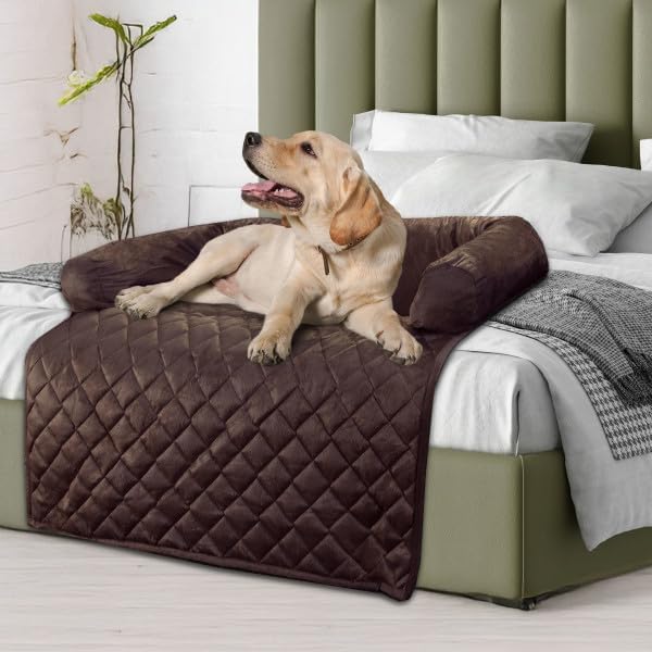 Couch Cover for Dogs - 35x35 Pet Furniture Protector with Memory Foam Neck Bolster, Quilted Fabric, and Water-Resistant Base Layer by PETMAKER (Brown)
