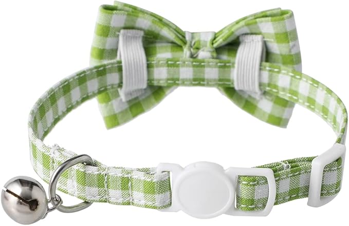 AIITLE Breakaway Cat Collar with Cute Bow Tie and Bell, Detachable Adjustable Safety Collars for Girl Cats and Boy Cats, Kittens, Puppy, Soft Stylish Plaid Patterns Cat Collars,Green
