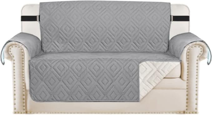 H.VERSAILTEX Reversible Loveseat Cover Furniture Protector Anti-Slip Water Resistant 2" Elastic Straps Couch Covers Pets Fit Sitting Width Up to 54"(Oversized Loveseat: 75" x 98", Light Grey/Beige)