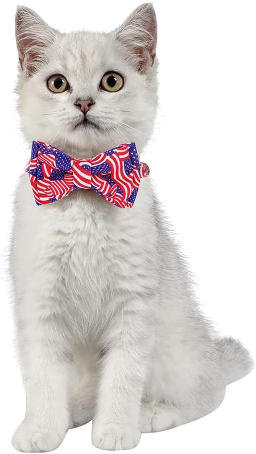 2-Pack Breakaway Cat Collars with Removable Double-Layer Bow Tie and Bell for Boy and Girl Cats Safety Kitten Collars Suitable for Festivals and Daily. (Independence Day)
