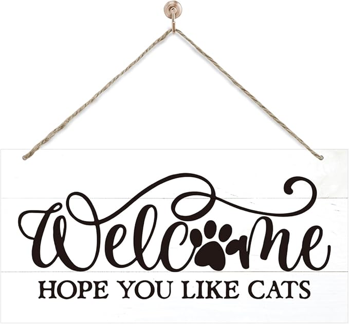 Welcome Sign for Front Door, Welcome Decor Wooden Hanging Sign for Cats Lover, Hope You Like Cat, Rustic Funny Wooden Outdoor Front Door Hanging Decoration 13.8X6.9 inches