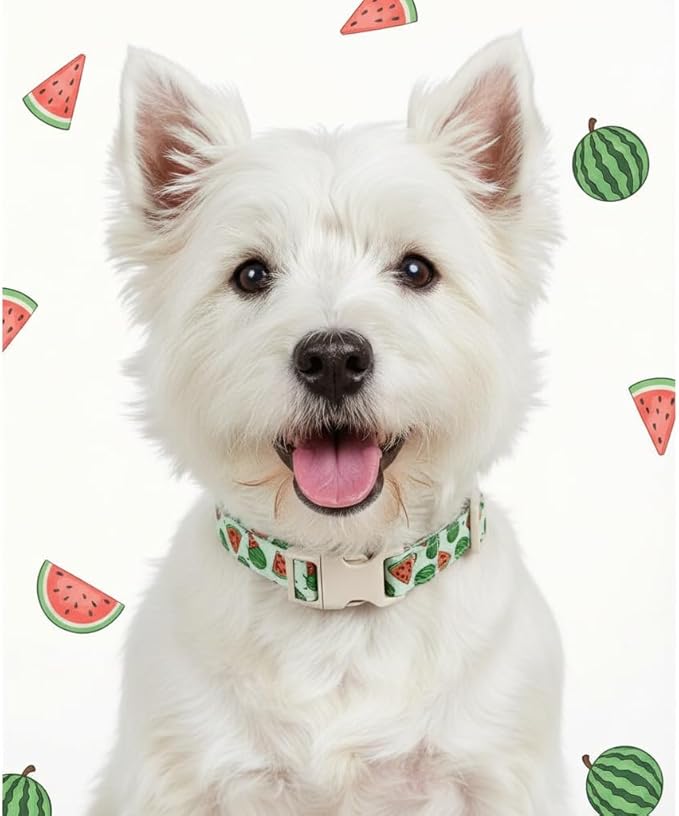 Summer Dog Collar for Large Dogs, Cute Dog Collar with Watermelon Pattern and Pendant, Green Pet Collar with Soft Cotton Fabric and Robust Buckle