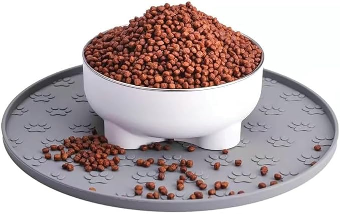 Silicone Dog Food Mat,Silicone Pet Food Mat Cat,Rubber for Dog Bowls Mats for Food and Water Bowl Feeding Round Paw Print（1 Pcs，Gray）