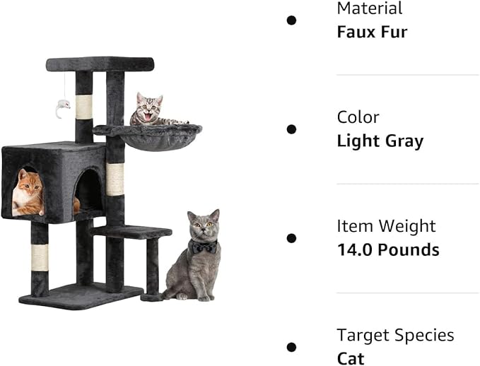 BestPet | 37" Cat Tree Tower | Light Gray | Sturdy Multi-Level Cat Tree with Plush Condo, Cozy Perch, Sisal Scratching Posts, Hanging Toy and Hammock | Easy Assembly | for Kittens & Adult Cats