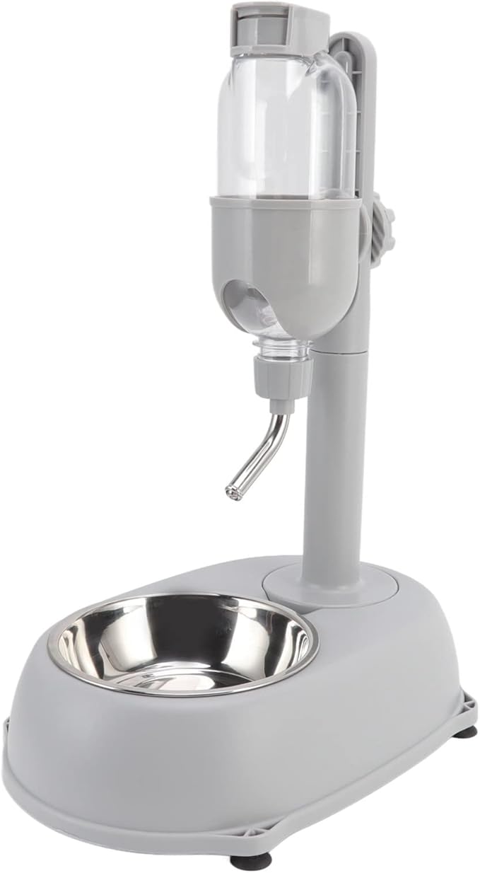 Pet Standing Water Dispenser, Multifunctional 2 in 1 Detachable Height Adjustable Pet Puppy Dog Kitten Bowl 500ml, Automatic Standing Water Feeder for Puppy Dwarf Dog Cat,Grey