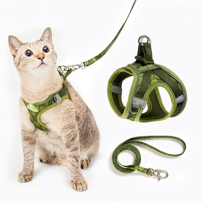 Cat Harness and Leash Set, Step-in Escape Proof Adjustable Vest Harness for Small Medium Large Cats, Lightweight Soft Breathable Reflective Kitten Harness for Walking Travel, Camping(Green, XS)