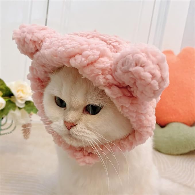 JOICEE Cute Cat Costume Warm Bear Hat for Cats Adjustable Soft Small Pet Headwear Bear Hat for Cat Puppy Dog (Pink)