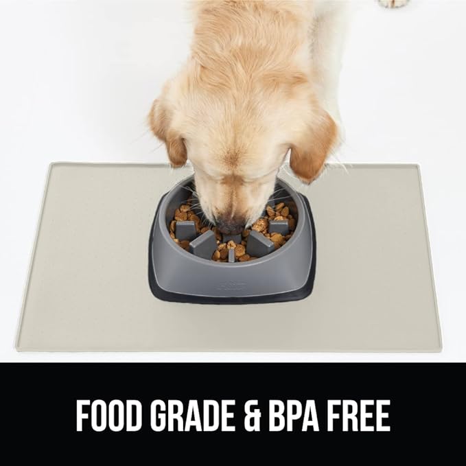 GORILLA GRIP 100% Waterproof Raised Edge BPA Free Silicone Pet Feeding Mat, Dog Cat Food Mats Contain Spills Protects Floors, Placemats for Cats and Dogs Water Bowl, Pets Accessories 18.5x11.5 Cream