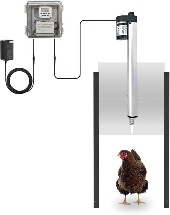 JVR Automatic Chicken Coop Door Opener with Timer, Programmable, Aluminum Coops Doors, Electric Run Automatic Chicken Door Auto Opener, Actuator Motor, Anti-Pinch Auto Reopen & Stop Safety