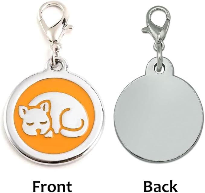 Personalized Pet ID Tags for Kittens and Cats - Custom cat Name tag and ID tag for Collar (Orange, Sleeping Cat Round-Small)
