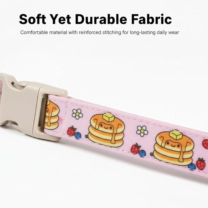 Pink Dog Collar, Girl Dog Collar with Pancake Print, Cute Spring Summer Food Collar with Soft & Breathable Fabric, Adjustable Pet Collar for Small Medium Large Dogs
