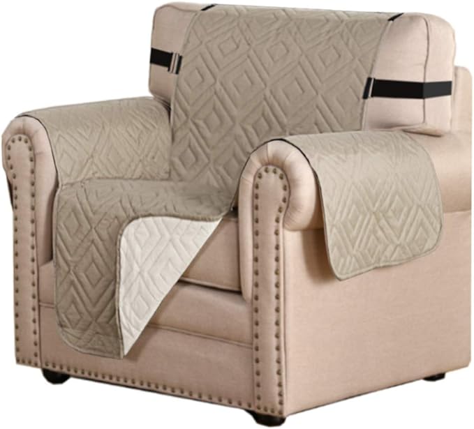 H.VERSAILTEX Reversible Chair Cover Furniture Protector Anti-Slip Couch Cover Water Resistant 2" Elastic Straps Chair Slipcover Pets Kids Fit Sitting Width Up to 21" (Chair:75" x 65", Khaki/Beige)
