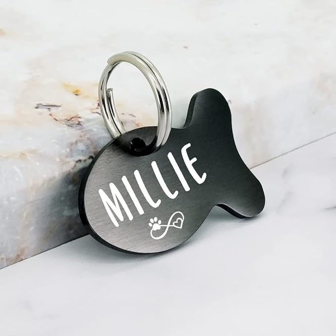 Ultra Joys Cat ID Tag Personalized Pet Tags, Durable Stainless Steel Small Pet Mini Dog Cat Tag Lightweight - Fish Tag in Black