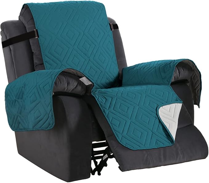 H.VERSAILTEX Reversible Quilted Recliner Covers Water Resistant Furniture Protector for Reclienr Chair with Elastic Straps for Pets Kids Sitting Width Up to 28"(Oversized Recliner, Dark Teal/Beige)