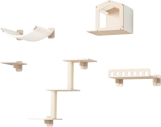 Cat Wall Shelves for Large Cats, 5-in-1 Cat Wall Furniture with Large Hammock and Wide Perch, Wooded Wall Climbing Furniture Set for Indoor Cats