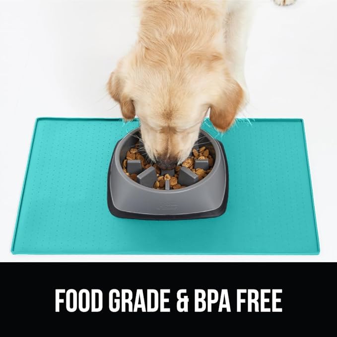 GORILLA GRIP 100% Waterproof Raised Edge BPA Free Silicone Pet Feeding Mat, Dog Cat Food Mats Contain Spills Protects Floors Placemats for Cats and Dogs Water Bowl Pets Accessories 18.5x11.5 Turquoise
